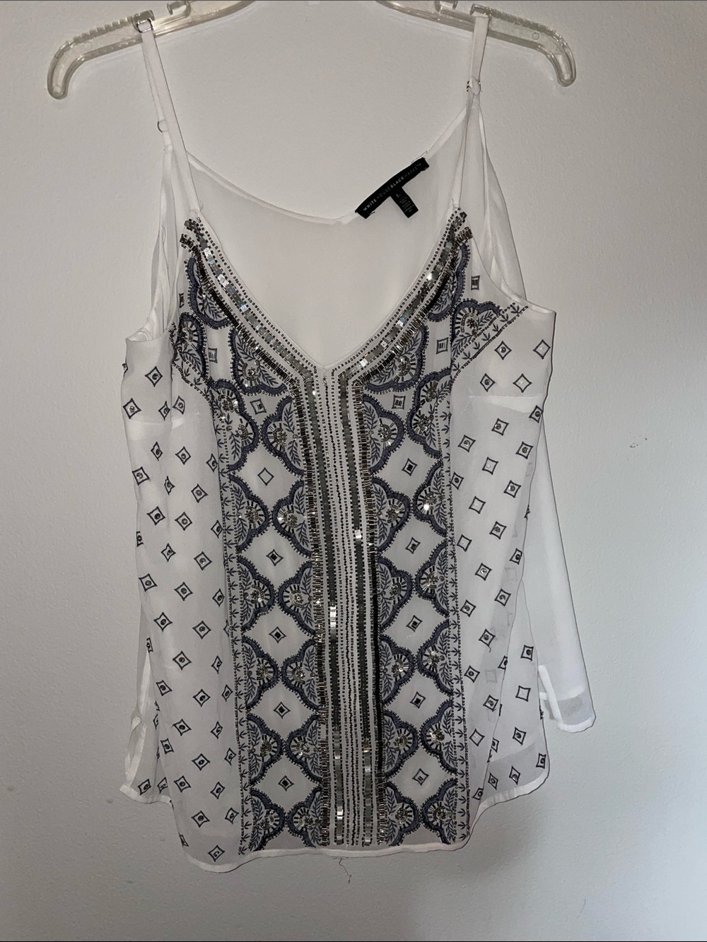 Embellished WHBM White Beaded V-Neck Spaghetti Strap Top